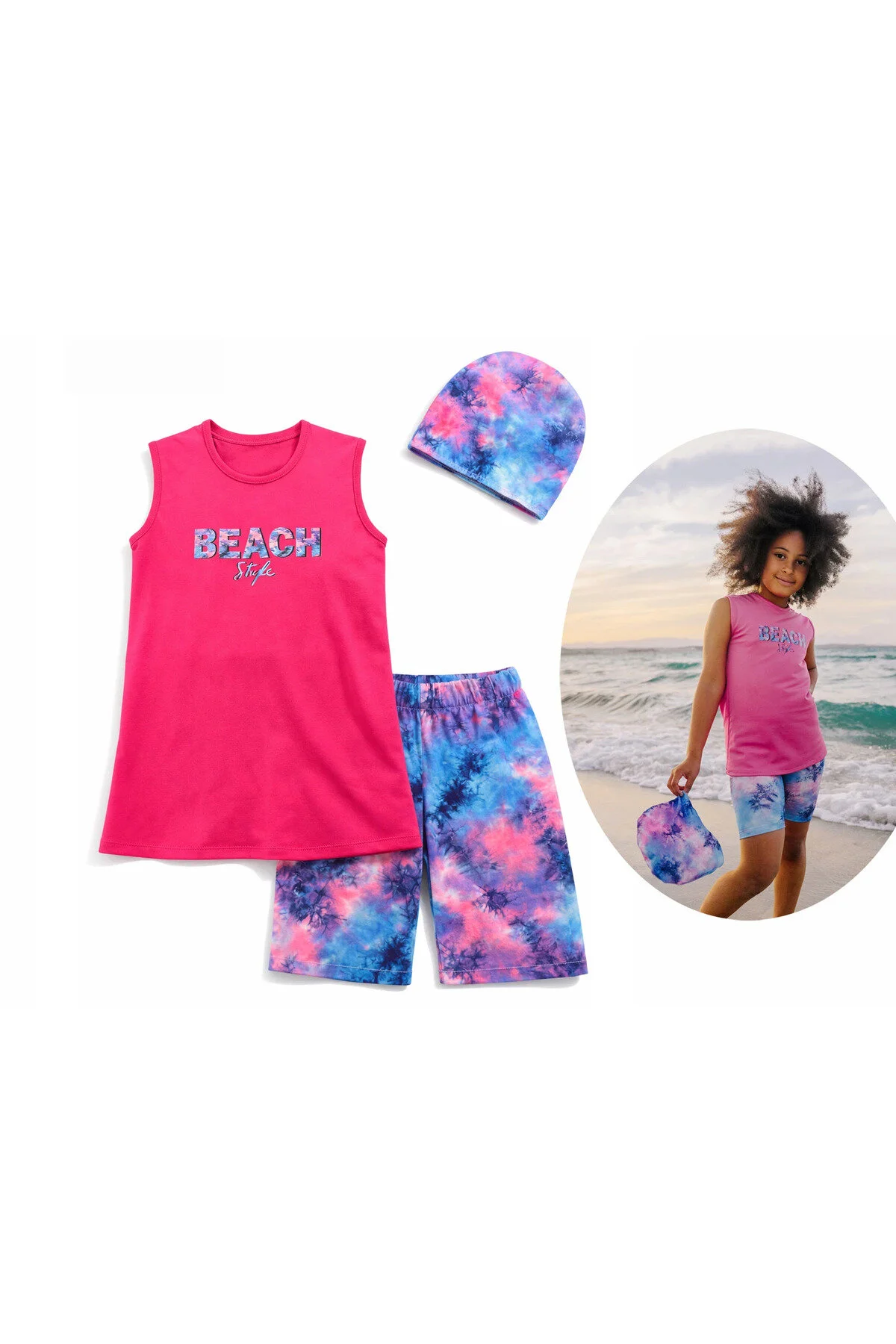 Bilge Trend Beach Baskılı Boneli Tatylı 3 Parça Kolsuz Yarı Ted Mayo Takım Pembe - Mavi