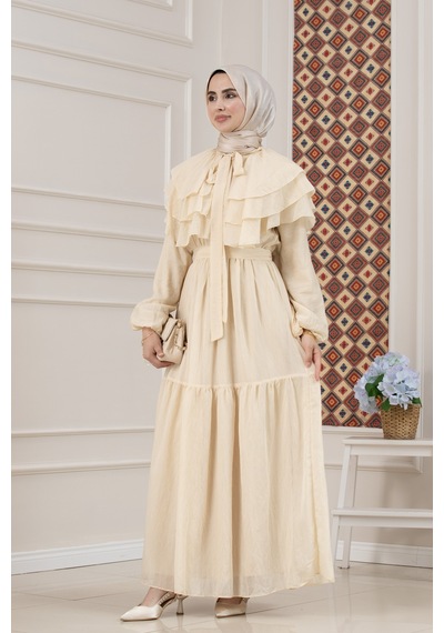 Sevitli Fırfır Detaylı Roza Tesettür Elbise-bej-5770