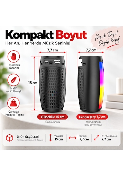 Bluetooth Hoparlör Rgb Led Işıklı Taşınabilir 5w Tws Usb Tf Kart Destekli