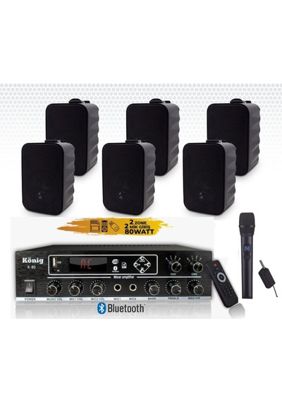 6 Li Duvar Hoparlörlü El Mikrofonlu Bluetooth Anfi Ses Sistemi Seti
