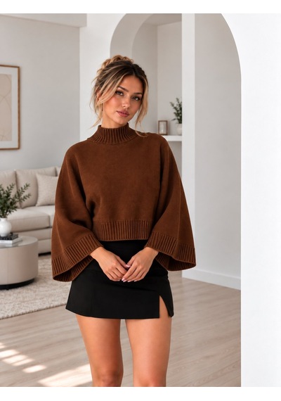Lima Kahve Kadın Yarım Balıkçı Yaka Yarasa Kol Oversize Crop Triko Kazak
