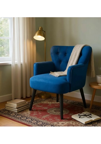 Waterybrook Tekli Berjer Koltuk - Kapitoneli Babyface Kumaş - Siyah Ahşap Ayaklı - Retro Modern Tasarım Saks Mavi