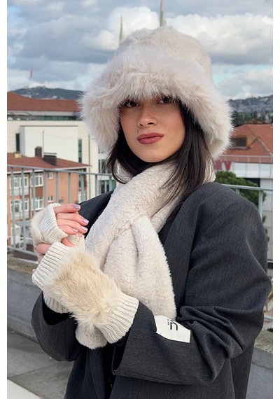 Mollycrush Peluş Bucket Kalpak Atkı Eldiven 3'lü Set Kadın Kışlık Suni Kürk Bej 3'lü Takım Bej