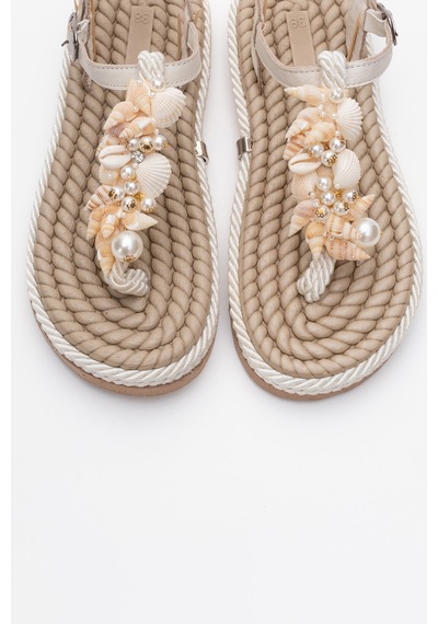 Luvishoes Mıel Bej Deniz Kabuklu Hakiki Deri Kadın Parmak Arası Sandalet Bej