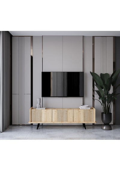 Spica Safir Meşe Rengi Mdf 3 Kapak Ahşap Ayaklı 140 Cm Tv Ünitesi