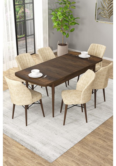 Arel Barok Desen 80x132 Açılabilir Mdf Masa Yemek Odası Takımı, Mutfak Takımı 6 Adet Sandalye Barok Masa - 6 Krem - Ceviz Ayak Arel Barok Desen 80x132 Açılabilir Mdf Masa Yemek Odası Takımı, Mutfak Takımı 6 Adet Sandalye Barok Masa - 6 Krem - Ceviz Ayak