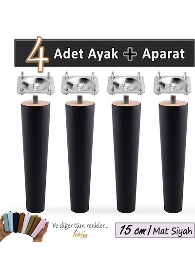 4 Adet Ahşap Ayak 15 Cm Siyah M8 Civatalı Bağlantı Aparatlı Dolap Mobilya Koltuk Kanepe Destek Ayağı Ayakları Siyah