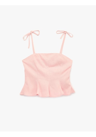 Koton Slim Fit Hafif Peplum Kesim Pileli İp Askılı Crop Keten Bluz Pembe