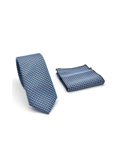 Gaffy Beyaz Küçük Kare Desenli Mavi Dokuma Kumaş Mendilli Slim Fit Kravat // Sdk-2511-5 Mavi