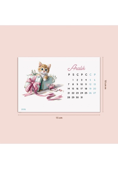 2027 Sevimli Yavru Kedili Masa Takvimi Doğal Ahşap Tabanlı Takvim Pastel Pembe Kedi İllüstrasyon