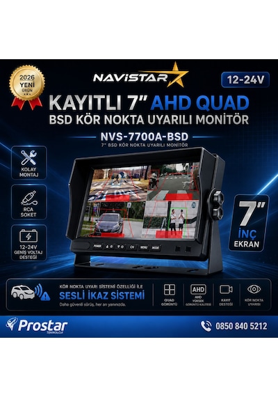 7 İnç Kayıtlı Ahd Quad Araç Monitörü - Sesli Bsd Kör Nokta Uyarılı, 12-24v, Rca Soketli