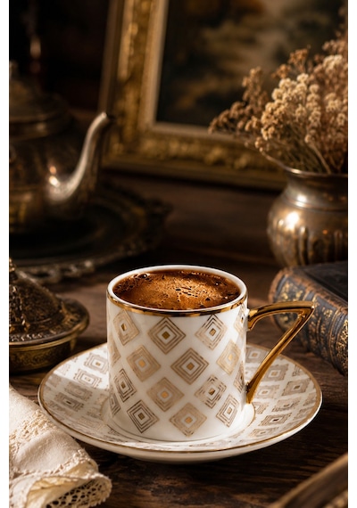Porsima Sd01-d 12 Parça Altın Yaldızlı Porselen Türk Kahve Fincan Takımı - 90ml Kahve Fincan Seti Çok Renkli