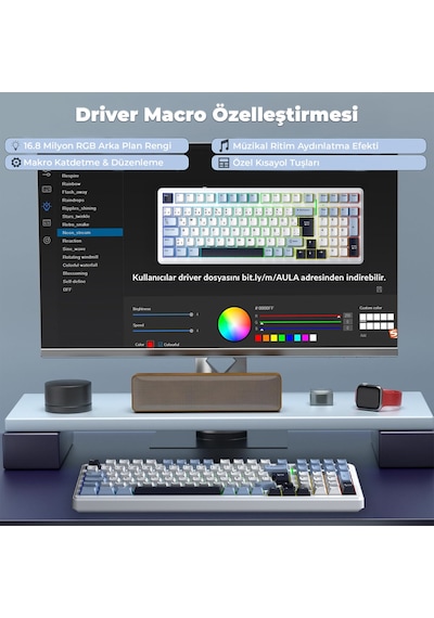 Aula F99 Mekanik Rgb Graywood V4 Switch 3 Modlu Kablosuz Makrolu Hot Swap Türkçe Q Klavye Lacivert