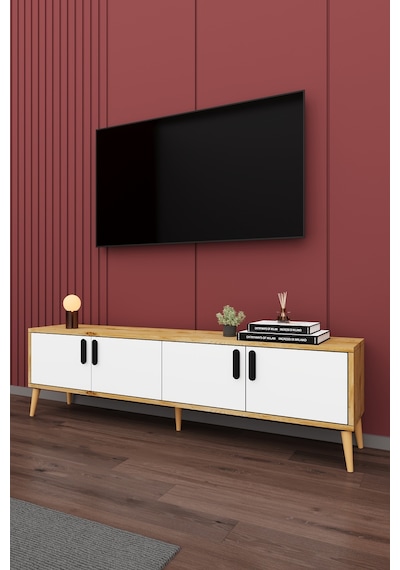 Asra Trend Tv Ünitesi T-03 %100 MDF 160 cm Tv Sehpası 4 Kapaklı Raflı Beyaz-Petra
