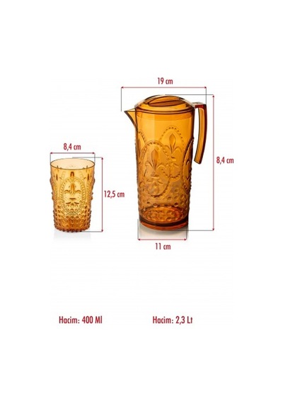 Akrilik Bal Sürahi 2,3 Lt Ve 6'lı Su Meşrubat Kahve Yanı Bardağı 400 Ml Seti