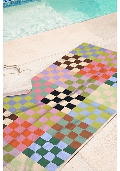Damalı Geometrik Retro Plaj Havlusu - Renkli Modern Patchwork Hızlı Kuruyan Mikrofiber Havlu Eski Akasya