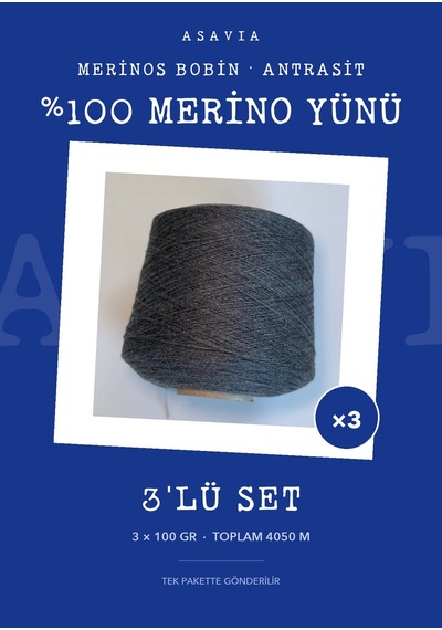 Asavia Merinos Bobin Örgü İpi 3'lü Set 3 X 100 Gr %100 Merino Yünü Antrasit