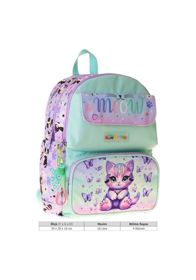 Kaukko Kids Kız Çocuk Mor Kedi Desenli Okul Çantası - Yeşil - Mor - Meow - L5288 Çok Renkli