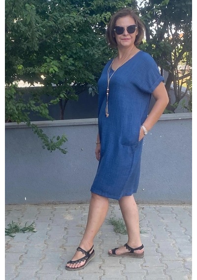 Mia Butik Büyük Beden Lacivert Kolye Hediyeli Salaş Elbise Lacivert