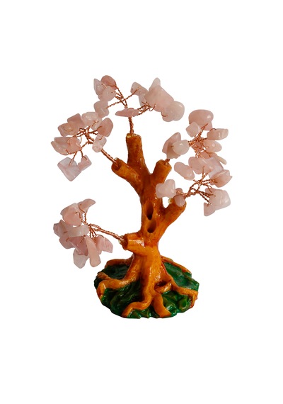 Pembe Kuvars Doğal Taşlı Hayat Ağacı Biblo - 16x14 Cm El Yapımı E