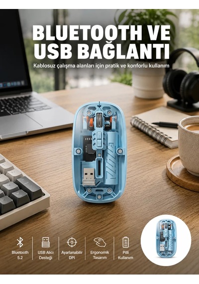 Bluetooth 5.2 Destekli Mavi Pilli Kablosuz Mouse Yeni Nesil Mh-hs7811-2939