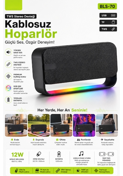 Bluetooth Hoparlör Taşınabilir Kablosuz Speaker Usb/tf/tws Destekli 1200mah 12w Güçlü Bass Ses Bombası