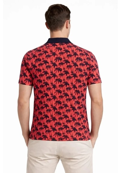Modi Erkek Pike Kumaş Polo Yaka Palmiye Desenli Tişört Kısa Kol Yazlık T-shirt - Kırmızı