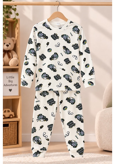 Free Beka Araba Desenli Bisiklet Yaka %100 Pamuklu İnterlok Kumaş Erkek Çocuk Uzun Kollu Pijama Takımı Ekru Free Beka Araba Desenli Bisiklet Yaka %100 Pamuklu İnterlok Kumaş Erkek Çocuk Uzun Kollu Pijama Takımı Ekru