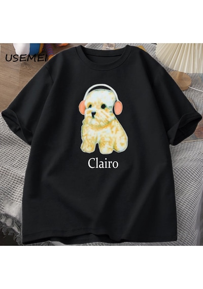 Flood Of Style Clairo Köpek Yavrusu Kulaklık T-shirt Komik Sevimli Kedi Tee Merch Y2k Erkek Giyim Büyük Boy Siyah
