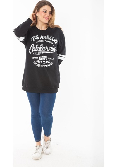 Şans Kadın Büyük Beden Siyah İçi Şardonlu Üç İplik Sweatshirt 65n37295-siyah Siyah
