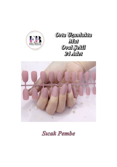 24 Adet Renkli Oval Orta Uzun Mat Takma Tırnak 717 Sıcak Pembe