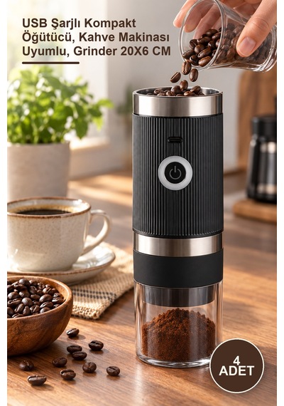 4 Adet Kahve Değirmeni Usb Şarjlı Kompakt Öğütücü, Kahve Makinası Uyumlu, Grinder 20x6 Cm