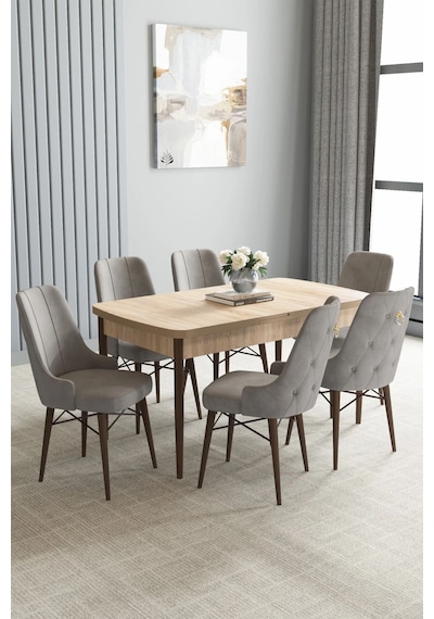 Zümra Serisi, Meşe Desen 80x132 Açılabilir Mdf Mutfak Masası Takımı 6 Adet Sandalye, Gri Zümra Serisi, Meşe Desen 80x132 Açılabilir Mdf Mutfak Masası Takımı 6 Adet Sandalye, Gri