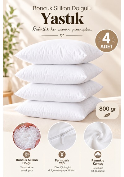 4 Adet Boncuk Silikon Yastık Fermuarlı 50x70 İç Yastık 800 Gram Beyaz