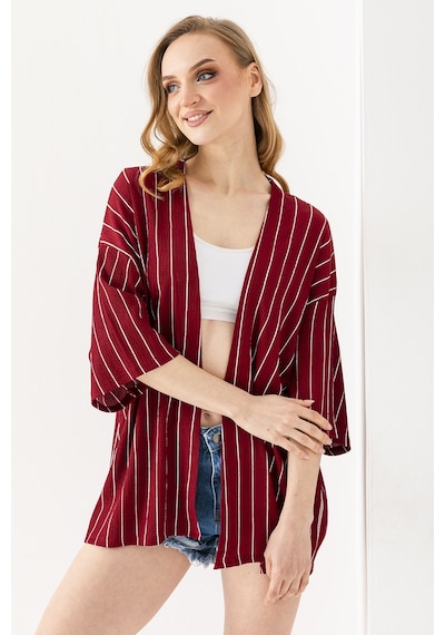 Giysa Kadın Yarım Kol Çizgili Bürümcük Kimono Bordo - 254406 Bordo