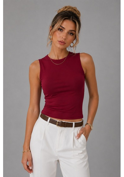 Wild Bee Kadın Bordo Pamuklu Bisiklet Yaka Vücudu Saran Sıfır Kollu Basic Bluz