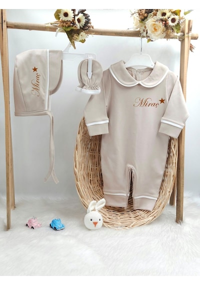 Gros Shop Biyeli 3'lü %100 Pamuklu Hastane Çıkış Tulum Seti Kişiye Özgü İsimli Nakış Desenli Çok Renkli