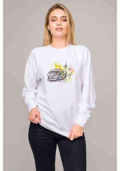 Sulu Boya T1 Baskılı Beyaz Kadın Sweatshirt