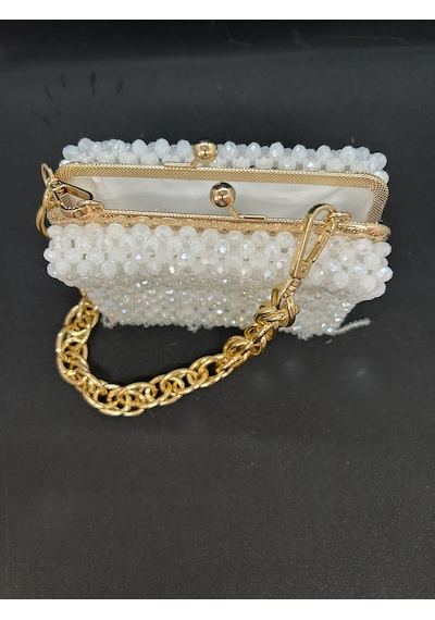 Luti Design El Yapımı Kristal Boncuk Abiye Çanta/ Zincir Askılı Özel Tasarım Beyaz