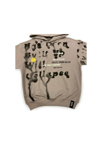 Carinos Erkek Çocuk Oversize Kalıp Kapüşonlu Batik Desenli Sweatsirt-14848 Gri