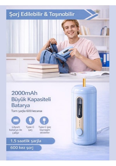 Va10 Mavi Şarjlı Otomatik Elektrikli Kalemtıraş 2000mah 5 Kademe Uç Ayarlı, 6.9-12mm Jumbo Uyumlu, Type-c, Geniş Hazneli