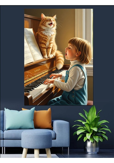 Ahşap Tablo Kedi Ve Piyano Çalan Çocuk
