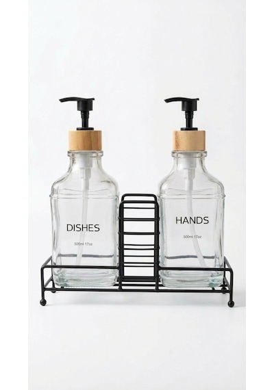 Makri Home Stantlı Bambu Kapaklı İkili Cam Sıvı Sabunluk & Deterjanlık Seti 2 500 Ml, 22,5 8,5 24 Cm Şeffaf