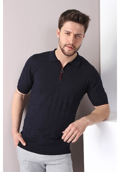 Ferraro Lacivert Polo Yaka Fermuarlı Erkek Pamuk Triko T-Shirt-Lacivert (417942175) Lacivert