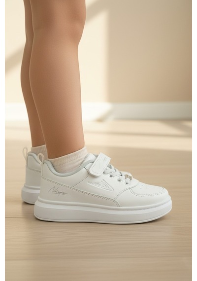 Enoch Cırt Cırtlı Yazı Baskılı Beyaz Tabanlı Bağcıklı Çocuk Sneaker