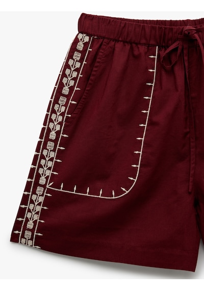 Koton Pamuklu Cepli Etnik Motifli İşlemeli Mini Mikro Şort Bordo Desenli 6sak40266uw