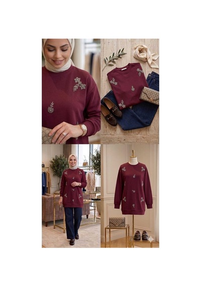 Peka Kadın Boncuk İşlemeli Premium Seri Tesettür Tunik Bordo Bordo