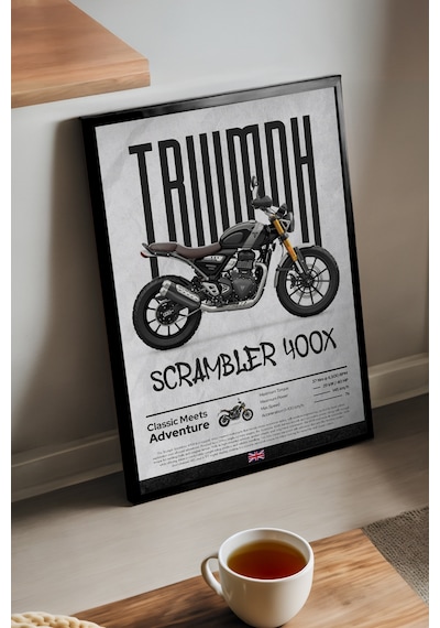 Triumph Scrambler 400 Siyah Ahşap Çerçeveli Dekoratif Motosiklet Duvar Tablosu