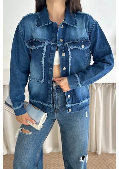 Femelle Kadın Mavi Saçaklı Dikiş Detaylı Oversize Denim Kot Ceket
