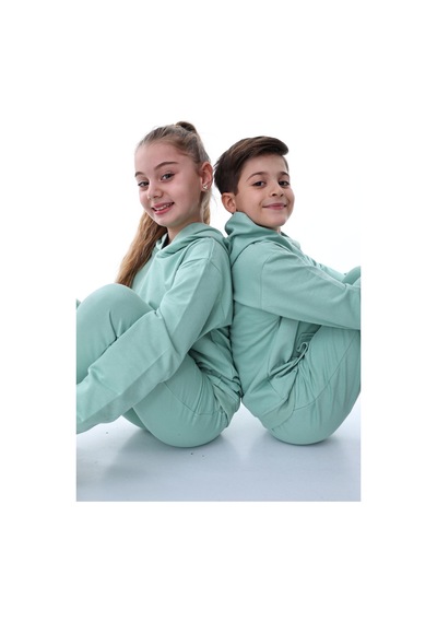 Zuzunga Basic Kapüşonlu Şardonlu Kanguru Cep Detaylı Çocuk Sweatshirt 3-10 Yaş Su Yeşili